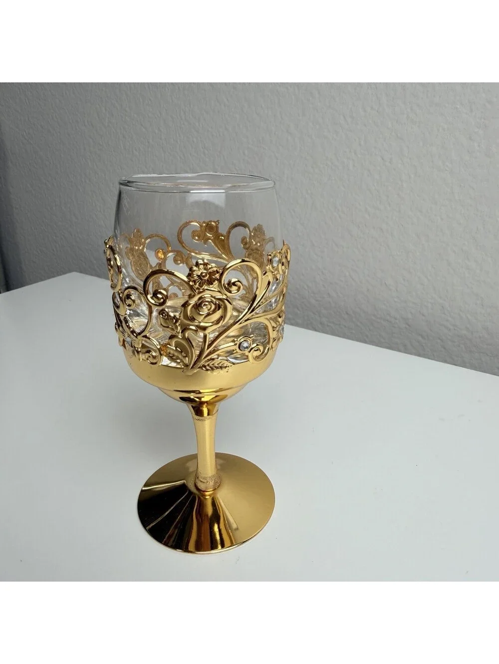 Gold Filigree Rhinestone Wine Goblet Floral Scrollwork Ornate Decorative Glass